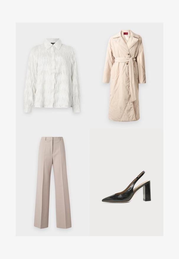 Beige gewatteerde lange jas met brede revers, twee knopen, riem geknoopt om de taille en zijzakken, tentoongesteld op een witte achtergrond.; Witte button-up shirt met een gestructureerd zigzagpatroon en rafelige accenten, met een klassieke kraag en lange mouwen.; Beige wijde broek van een soepele stof, met een hoge taille, voorkreuken en een op maat gemaakte pasvorm.; Zwarte leren slingback schoen met spits toelopend neusje, hoge blokhak en beige binnenvoering tegen een effen lichte achtergrond.