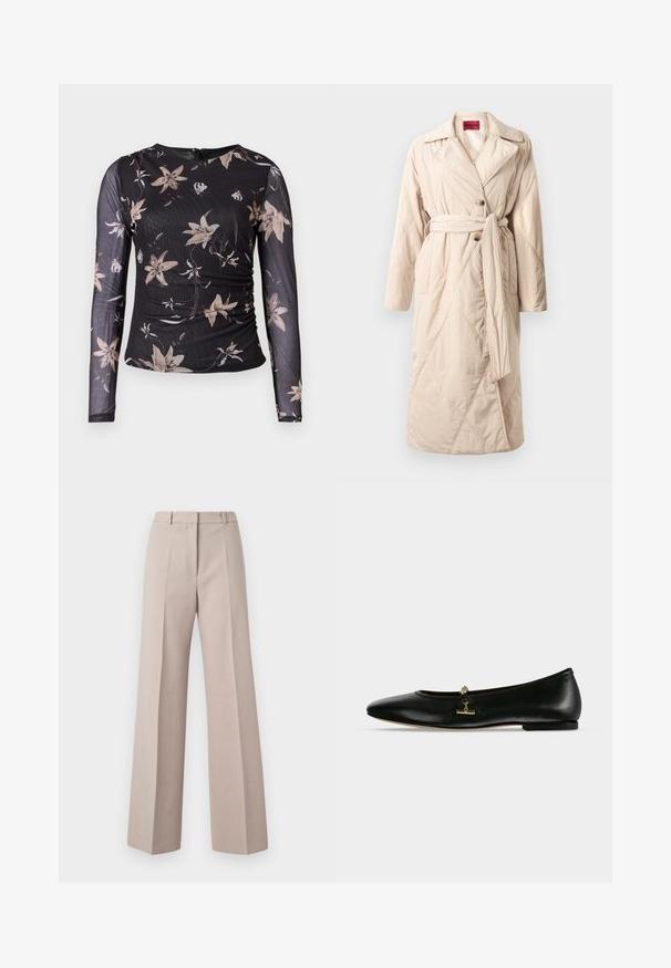 Manteau long en toile beige matelassé avec larges revers, deux boutons, ceinture nouée à la taille et poches latérales, présenté sur fond blanc.; Haut noir à manches longues avec un imprimé floral beige et crème. Présente un design froncé et une fermeture éclaire au dos. Fabriqué dans un tissu transparent et texturé.; Pantalons beige à jambes larges en tissu lisse, avec une taille haute, des plis avant et une silhouette ajustée.; Chaussure plate en cuir noir avec une petite chaîne dorée et un détail barre sur le dessus, bout arrondi et talon bas.