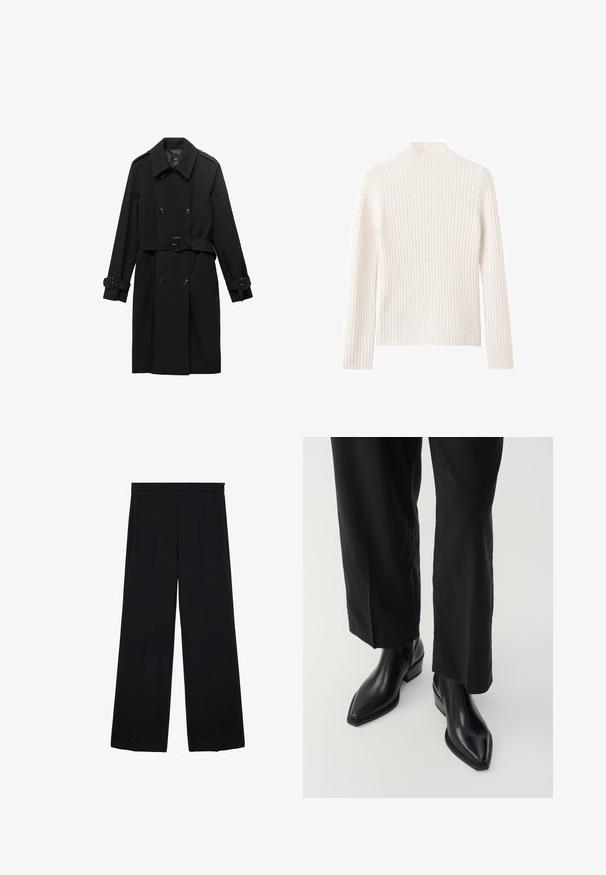 Zwarte dubbelgeknoopte trenchcoat met een riem, voorzien van schouderepauletten, geknoopte manchetten en twee voorzakken. Glad stoftextuur.; Geribbelde coltrui in off-white, gemaakt van zachte gebreide stof. Heeft lange mouwen en een aansluitend silhouet.; Zwarte wijde broek met een gladde stof, hoge taille en geplooide voorkant, met een schoon, minimalistisch ontwerp zonder patronen of hardware.; Zwarte leren enkellaarzen met een spitse neus, een gladde textuur en een vierkante hak. Gecombineerd met zwarte, wijde broekspijpen, wat een stijlvolle silhoutte creëert.