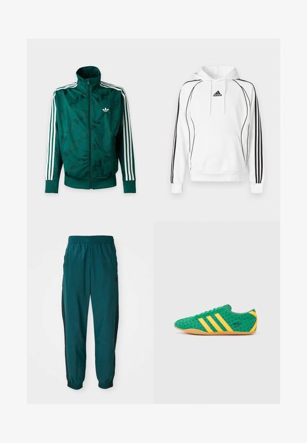 Rohelise täislukuga Adidas jakk, millel on valged triibud varrukatel, soonikkoes mansetid ja ääred ning Adidas logo vasakul rinnal.; Valge kapuutsiga dressipluus mustade detailide ja kolme triibuga varrukatel. Varustatud kängurutasku ja rinnal oleva logoga.; Türkis värvi spordipüksid, millel on nööriga vöökoht, elastsed mansetid ja mustad triibud külgedel. Valmistatud kergest kangast, logoga puusade lähedal.; Rohelised tekstiilsest materjalist tossud kollaste aksentide ja kolme triibuga, millel on siksakmuster ja kummist pruun tald.