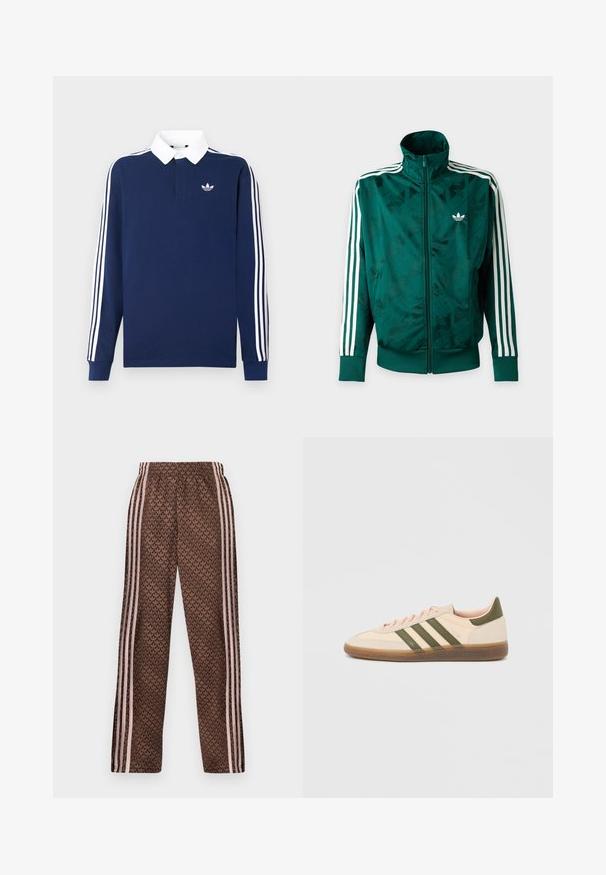 Grøn Adidas jakke med fuld lynlås og hvide striber på ærmerne, ribbede manchetter og kant samt Adidas-logo på venstre bryst.; Marineblå langærmet polo i bomuldsstof, hvid krave, med klassiske tre hvide striber langs ærmerne og et lille logo på brystet.; Brune træningsbukser med lyserøde lodrette striber på siderne og et gentaget løvmønster over det hele, elastisk talje, lige ben pasform.; Beige Adidas Spezial sneaker med lav profil, grønne striber, gummisål og "SPEZIAL"-branding på siden, vist fra ydersiden.