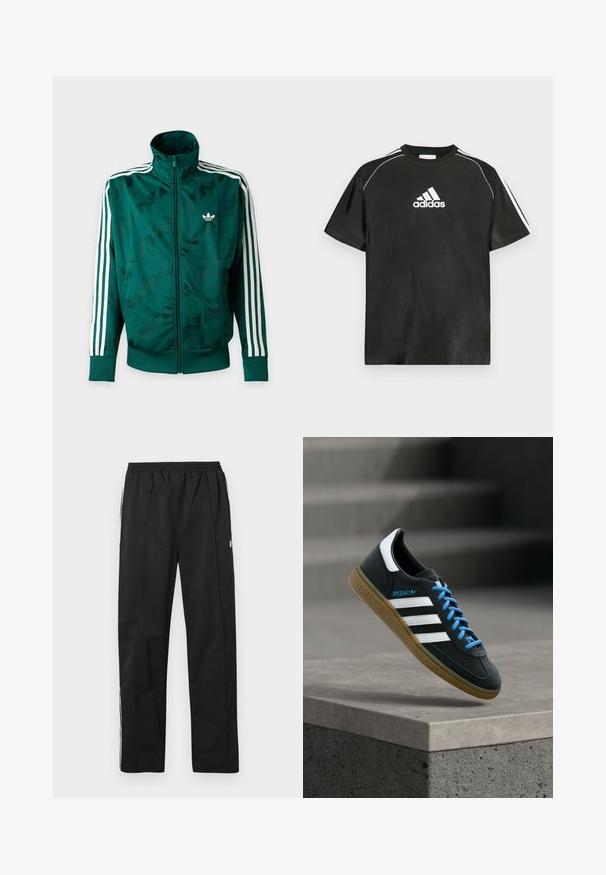 Πράσινο μπουφάν Adidas με ολόκληρο φερμουάρ και λευκές ρίγες στα μανίκια, ριμπ ζώνες στις μανσέτες και στο τελείωμα, και λογότυπο Adidas στο αριστερό στήθος.; Μαύρο κοντομάνικο μπλουζάκι με λευκό λογότυπο Adidas στο στήθος και λευκές ρίγες στους ώμους. Κατασκευασμένο από λείο ύφασμα, άνετη εφαρμογή.; Μαύρο παντελόνι φόρμας με ελαστική μέση, ίσια κοπή, τσέπες με φερμουάρ στο πλάι και λευκές ρίγες στα πλάγια. Λεία υφή.; Μαύρο αθλητικό παπούτσι Adidas με λευκές ρίγες, μπλε κορδόνια και καουτσούκ σόλα να αιωρείται πάνω από γκρίζο τσιμεντένιο σκαλοπάτι σε απαλό φως.