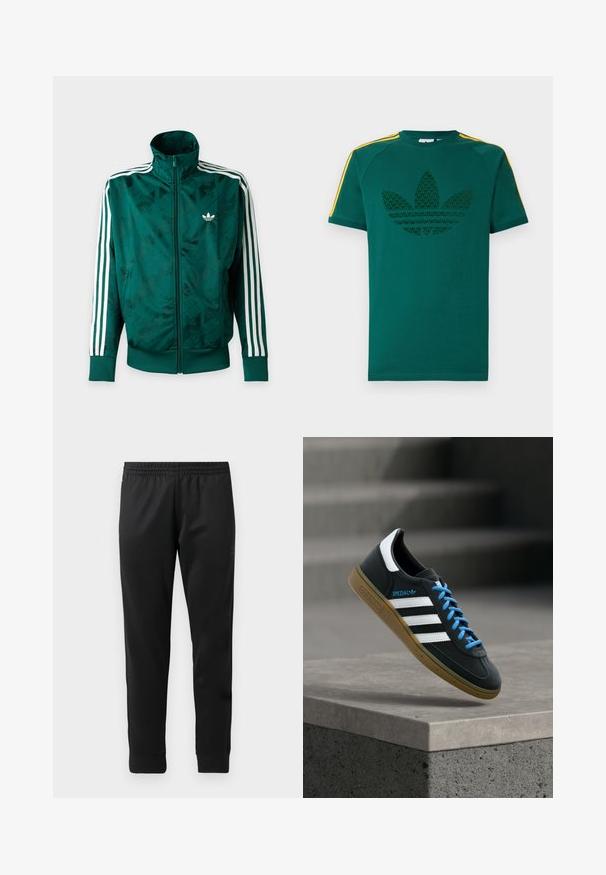 Vihreä täysvetoketjullinen Adidas-takki, jossa valkoiset raidat hihoissa, resorit hihansuissa ja helmassa sekä Adidas-logo vasemmassa rinnassa.; Vihreä lyhythihainen T-paita, jossa on tummanvihreä Adidas-trefoil-logo ja keltaiset raidat olkapäillä valkoista taustaa vasten.; Mustat urheiluhousut, jotka on valmistettu sileästä kankaasta. Niissä on joustava vyötärö, kapeat lahkeet ja ribbisaumat nilkoissa.; Musta Adidas-tennari valkoisilla raidoilla, sinisillä nauhoilla ja kumipohjalla kelluu pehmeässä valossa harmaan betonisen portaan yllä.
