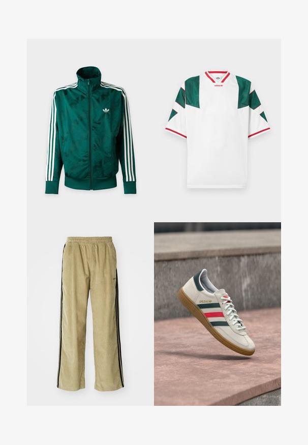 Grüne Adidas-Jacke mit durchgehendem Reißverschluss, weißen Streifen an den Ärmeln, gerippten Bündchen und Saum sowie Adidas-Logo auf der linken Brust.; Weißes Trikot mit grünen Mesh-Akzenten an den Schultern. Roter Besatz am Halsausschnitt und an den Ärmelsäumen. Enthält geometrische Designelemente. Adidas-Logo enthalten.; Beige Cordhosen mit einem elastischen Bund, die schwarze Seitenstreifen aufweisen. Der Stoff hat eine gerippte Textur und läuft am Saum leicht aus.; Weißer Adidas Sneaker mit grünen und roten Streifen, Gummisohle und "SPEZIAL"-Branding, der über einem Steinpflaster schwebt.