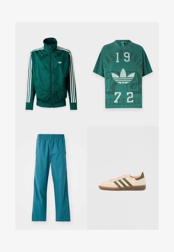 Πράσινο μπουφάν Adidas με ολόκληρο φερμουάρ και λευκές ρίγες στα μανίκια, ριμπ ζώνες στις μανσέτες και στο τελείωμα, και λογότυπο Adidas στο αριστερό στήθος.; Πράσινο φαρδύ μπλουζάκι με το λογότυπο της Adidas, μεγάλα νούμερα "109" και "72", και ξεθωριασμένο κείμενο "Adidas Originals Athletics" στο μπροστινό μέρος.; Τελεούχοι παντελόνι σε τυρκουάζ απόχρωση, κατασκευασμένο από ελαφρύ ύφασμα, με ελαστική μέση και ίσια γραμμή, διαθέτοντας πλαϊνές τσέπες.; Χαμηλού προφίλ μπεζ αθλητικό παπούτσι Adidas Spezial με πράσινες ρίγες, σόλα από καουτσούκ και την επωνυμία "SPEZIAL" στην πλευρά, εμφανίζεται από την εξωτερική πλευρά.