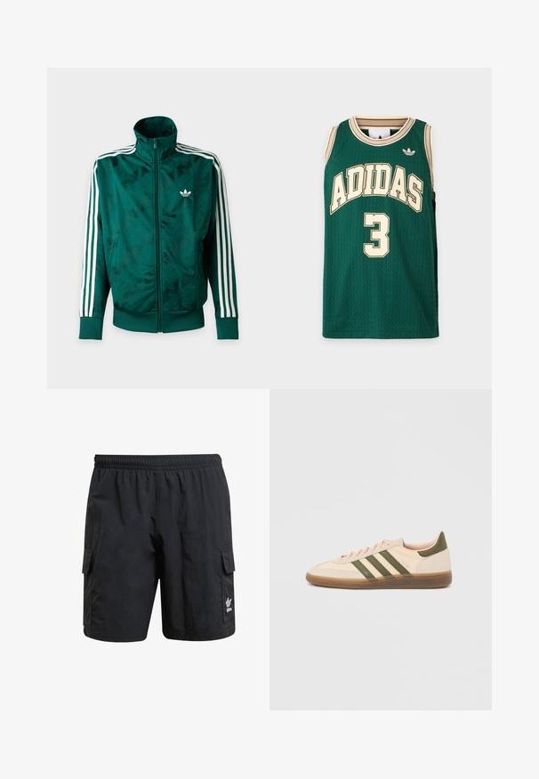 Veste Adidas verte zippée intégrale avec des rayures blanches sur les manches, des poignets et un ourlet côtelés, et le logo Adidas sur la poitrine gauche.; Maillot de basket Adidas vert sans manches avec bordure beige, logo Adidas et numéro 3 à l’avant.; Shorts cargo noirs avec une taille élastique, deux poches latérales et un logo sur la jambe inférieure. Fabriqués en tissu léger avec une texture lisse.; Baskets beige discrètes Adidas Spezial avec des bandes vertes, une semelle en caoutchouc et le logo "SPEZIAL" sur le côté, vues de l'extérieur.