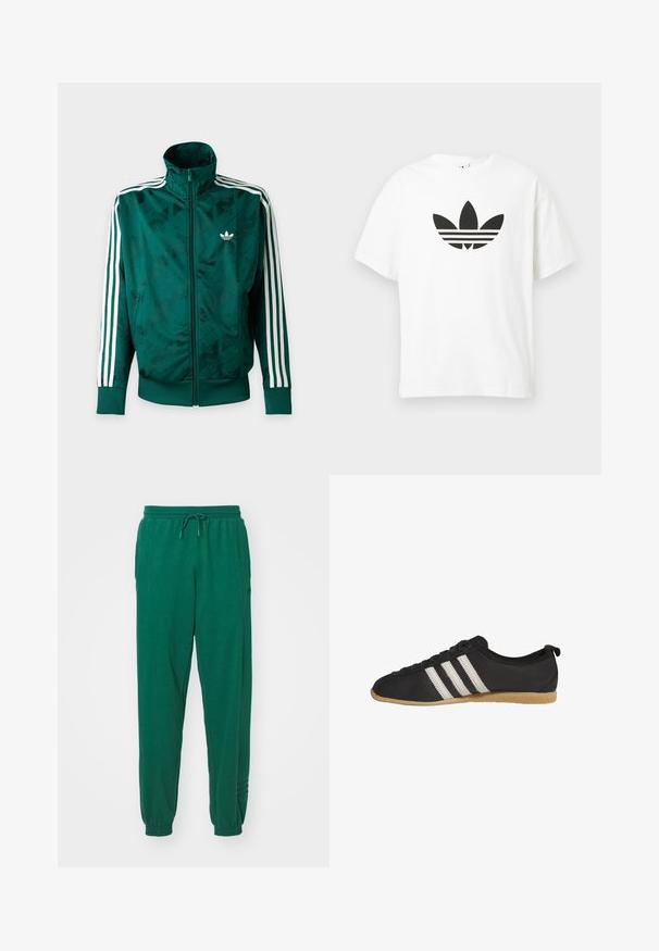 Groene Adidas jas met volledige ritssluiting, witte strepen op de mouwen, geribbelde boorden en zoom, en Adidas-logo op de linkerborst.; Witte katoenen t-shirt met een groot zwart Adidas trefoil-logo en drie horizontale strepen eronder. Korte mouwen, ronde hals.; Groene katoenen joggingsbroeken met een trekkoord in de taille, elastische boorden en zijzakken. De stof lijkt zacht met een gladde textuur.; Zwarte lage sneaker met witte strepen en bruine rubberen zool, zijaanzicht op een witte achtergrond.