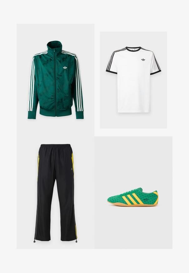 Grøn Adidas jakke med fuld lynlås og hvide striber på ærmerne, ribbede manchetter og kant samt Adidas-logo på venstre bryst.; Hvid bomulds t-shirt med sort ribkant ved hals og ærmer, med tre sorte striber på hver skulder og et lille logo på brystet.; Sorte træningsbukser med gule sideaccenter, elastisk talje og lynlåslommer på siden. Fremstillet af let og glat stof.; Grønne tekstilsneakers med gule detaljer og tre striber, med et zigzag-mønster og en sål af gummigummi.