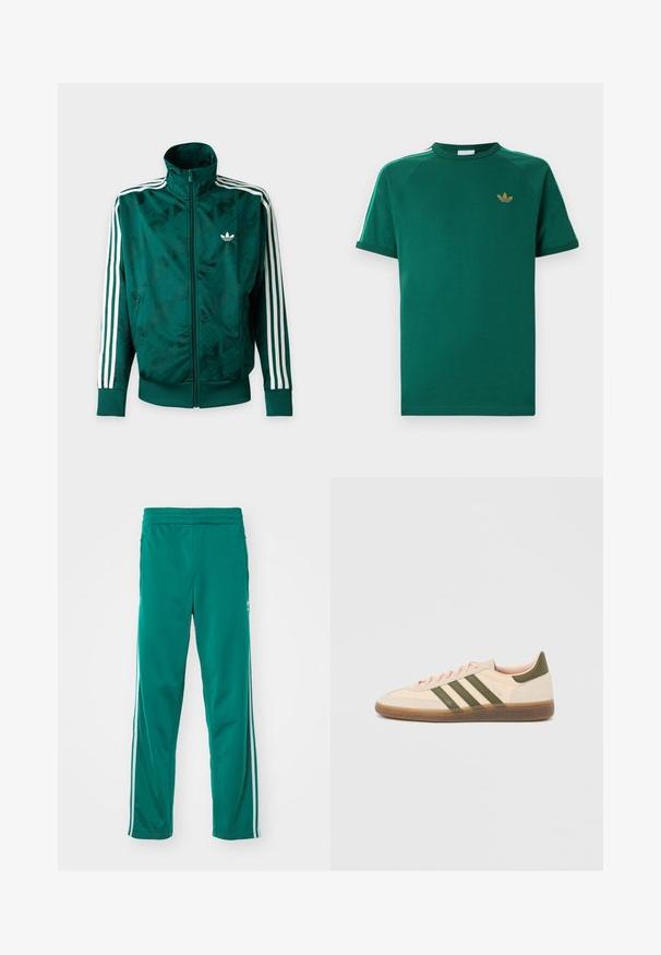 Πράσινο μπουφάν Adidas με ολόκληρο φερμουάρ και λευκές ρίγες στα μανίκια, ριμπ ζώνες στις μανσέτες και στο τελείωμα, και λογότυπο Adidas στο αριστερό στήθος.; Πράσινο κοντομάνικο T-shirt Adidas με στρογγυλή λαιμόκοψη, χρυσό λογότυπο trefoil στο στήθος και άσπρες ρίγες με πράσινα περιθώρια στους ώμους.; Πράσινα παντελόνια φόρμας με λεία υφή, που διαθέτουν λευκή λωρίδα στο πλάι και ελαστική μέση. Σχεδίαση με ίσια πόδια.; Χαμηλού προφίλ μπεζ αθλητικό παπούτσι Adidas Spezial με πράσινες ρίγες, σόλα από καουτσούκ και την επωνυμία "SPEZIAL" στην πλευρά, εμφανίζεται από την εξωτερική πλευρά.