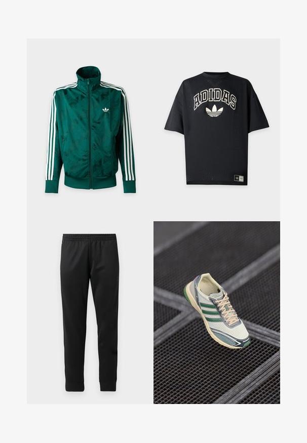 Zelená bunda Adidas so zapínaním na celý zips, bielymi pásikmi na rukávoch, rebrovanými manžetami a lemom a logom Adidas na ľavej strane hrudníka.; Čierne Adidas športové tričko s krátkym rukávom z perforovanej látky, bielym nápisom Adidas a trefoil logom na prednej strane, a značkovou etikietou pri spodnom okraji.; Čierne športové nohavice vyrobené z hladkej tkaniny, vybavené elastickým pásom, zúženými nohavicami a rebrovanými manžetami na členkoch.; Biele a zelené sieťované tenisky s béžovými šnúrkami levitujú nad tmavým kovovým mriežkovaním na podlahe.