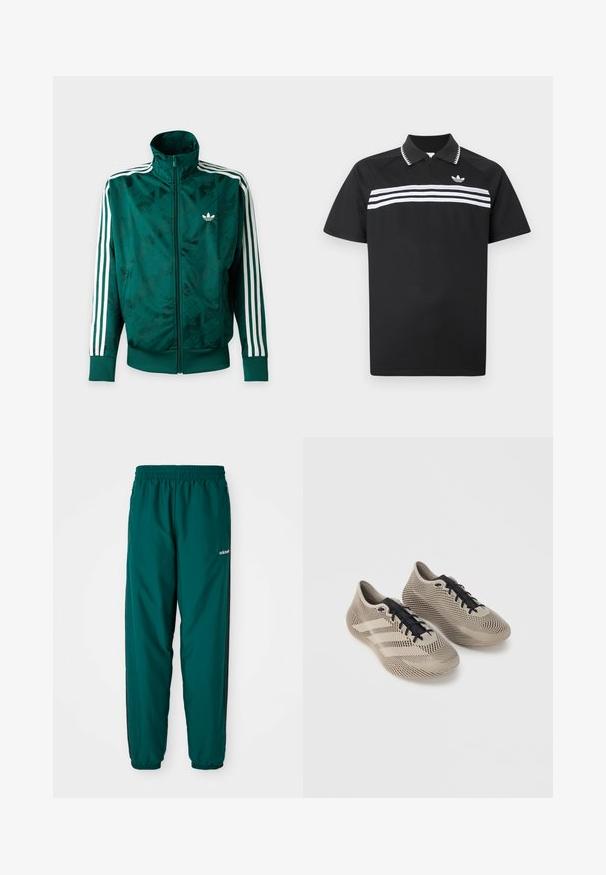 Grüne Adidas-Jacke mit durchgehendem Reißverschluss, weißen Streifen an den Ärmeln, gerippten Bündchen und Saum sowie Adidas-Logo auf der linken Brust.; Schwarzes Poloshirt mit einem Reißverschluss am Kragen, das drei weiße horizontale Streifen über der Brust sowie ein kleines Logo oben links aufweist.; Grüne Sporthosen aus leichtem Material, mit einem elastischen Bund, Seitentaschen und schwarzen Seitenstreifen. Adidas-Logo sichtbar.; Paar beiger Sportschuhe mit schwarzen Schnürsenkeln, mit einem strukturierten, gestreiften Muster und drei Seitenstreifen auf einfarbigem Hintergrund.