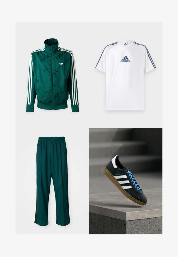 Rohelise täislukuga Adidas jakk, millel on valged triibud varrukatel, soonikkoes mansetid ja ääred ning Adidas logo vasakul rinnal.; Valge Adidas T-särk siniste detailidega, lühikeste varrukatega ja ümmarguse kaelusega. Esiküljel sinine Adidas logo ja õlgadel kolm triipu.; Tumed rohelised spordipüksid elastse vöökohaga, sirge jala kujundusega ja mustade külgtriipudega. Valmistatud pehmest, venivast kangast.; Must Adidas toss valgete triibu, siniste paelte ja kummist tallaga, hõljuv pehme valgusega halli betoonastme kohal.