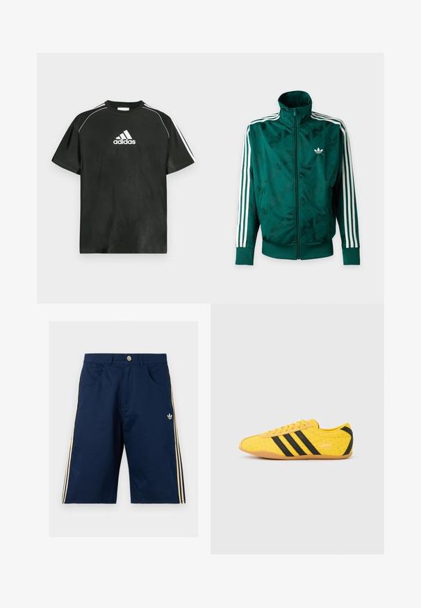 Πράσινο μπουφάν Adidas με ολόκληρο φερμουάρ και λευκές ρίγες στα μανίκια, ριμπ ζώνες στις μανσέτες και στο τελείωμα, και λογότυπο Adidas στο αριστερό στήθος.; Μαύρο κοντομάνικο μπλουζάκι με λευκό λογότυπο Adidas στο στήθος και λευκές ρίγες στους ώμους. Κατασκευασμένο από λείο ύφασμα, άνετη εφαρμογή.; Σκούρο μπλε σορτς Adidas με μπεζ τρεις ρίγες στα πλάγια, μπροστινές τσέπες, κούμπωμα με κουμπί και λογότυπο Adidas trefoil στο δεξί πόδι.; Κίτρινο αθλητικό παπούτσι με υφή στο επάνω μέρος, με μαύρες ρίγες και λογότυπο. Στρογγυλεμένη μύτη, μαλακή σόλα και ζιγκ-ζαγκ σχέδιο στο υλικό.