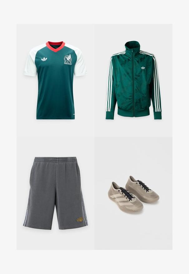 Πράσινο μπουφάν Adidas με ολόκληρο φερμουάρ και λευκές ρίγες στα μανίκια, ριμπ ζώνες στις μανσέτες και στο τελείωμα, και λογότυπο Adidas στο αριστερό στήθος.; Πράσινη φανέλα ποδοσφαίρου με λευκά μανίκια, κόκκινο V-λαιμόκοψη, λογότυπο Adidas στο αριστερό στήθος και έμβλημα της ομάδας του Μεξικού στο δεξί στήθος.; Γκρι σορτς από μαλακό ύφασμα με ελαστική μέση, πλαϊνές ρίγες και χρυσά γράμματα "Original" στο κάτω δεξί μέρος.; Ζευγάρι μπεζ αθλητικά παπούτσια με μαύρα κορδόνια, διαθέτοντας υφή με ριγέ μοτίβο και τρεις πλαϊνές γραμμές σε απλό φόντο.