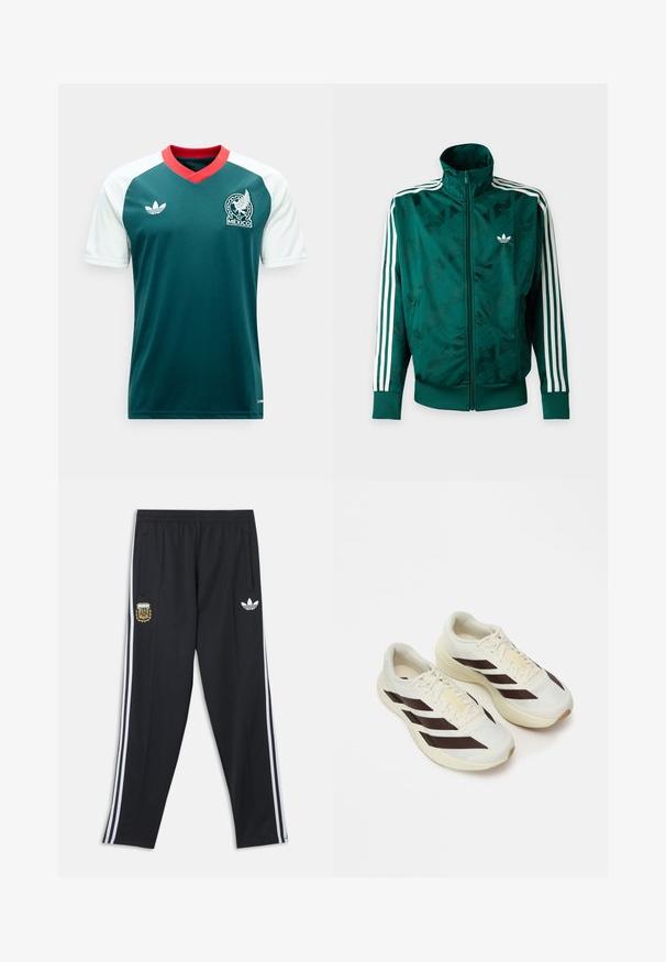 Πράσινο μπουφάν Adidas με ολόκληρο φερμουάρ και λευκές ρίγες στα μανίκια, ριμπ ζώνες στις μανσέτες και στο τελείωμα, και λογότυπο Adidas στο αριστερό στήθος.; Πράσινη φανέλα ποδοσφαίρου με λευκά μανίκια, κόκκινο V-λαιμόκοψη, λογότυπο Adidas στο αριστερό στήθος και έμβλημα της ομάδας του Μεξικού στο δεξί στήθος.; Μαύρο αθλητικό παντελόνι Adidas με λευκές πλαϊνές ρίγες, ελαστική μέση, έμβλημα της Αργεντινής Ποδοσφαιρικής Ομοσπονδίας στον αριστερό μηρό και λογότυπο Adidas στον δεξί μηρό.; Ανοιχτόχρωμα αθλητικά παπούτσια με σκούρες καφέ διαγωνίους ρίγες, υφασμάτινο επάνω μέρος με υφή και μαλακή σόλα. Διαθέτει κίτρινη σήμανση "ADIZERO".