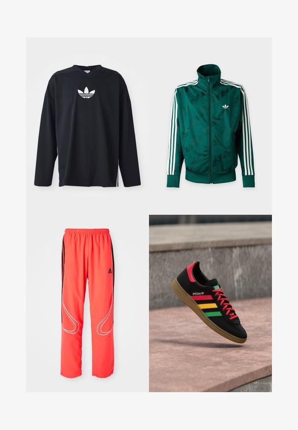 Veste Adidas verte zippée intégrale avec des rayures blanches sur les manches, des poignets et un ourlet côtelés, et le logo Adidas sur la poitrine gauche.; Jersey noir à manches longues en tissu mesh, avec un col en V et logo trefoil blanc d'Adidas sur la poitrine. Fentes latérales à l'ourlet.; Pantalons de sport rouges avec une coupe décontractée, taille élastique, rayures latérales noires et liseré blanc le long des jambes. Logo Adidas sur la hanche.; Baskets Adidas Spezial noires avec des rayures rouges, jaunes et vertes, des lacets rouges, une semelle gomme et un détail rouge au talon, flottant au-dessus du trottoir.