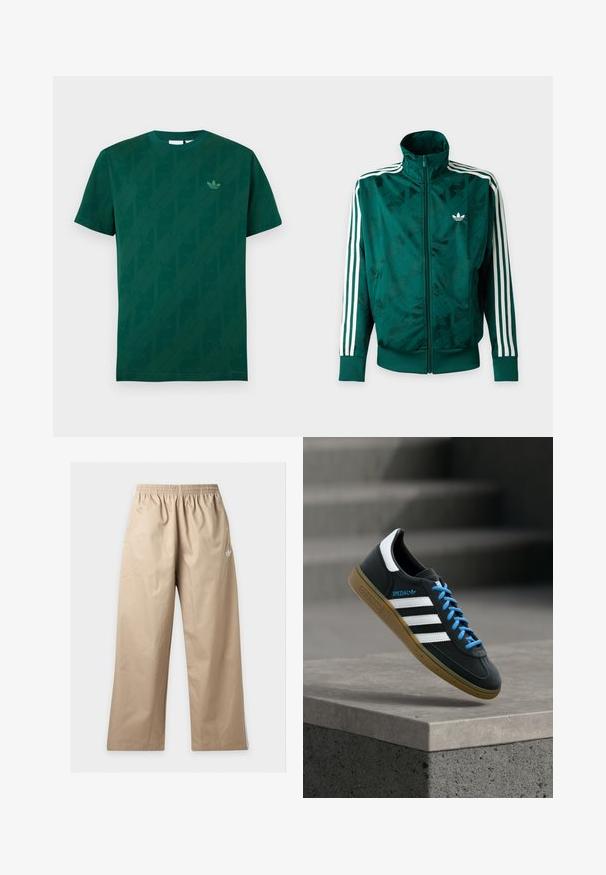 Grøn Adidas jakke med fuld lynlås og hvide striber på ærmerne, ribbede manchetter og kant samt Adidas-logo på venstre bryst.; Mørkegrøn T-shirt med korte ærmer og rund hals, med subtile diagonale Adidas Trefoil logoer og et lille Trefoil logo på venstre bryst.; Beige bukser med vide ben og elastisk linning samt lille hvid Adidas-logo på øverste venstre lår, vist mod en ensfarvet baggrund.; Sort Adidas sneaker med hvide striber, blå snørebånd og gummisål, der svæver over gråt betontrin i blødt lys.