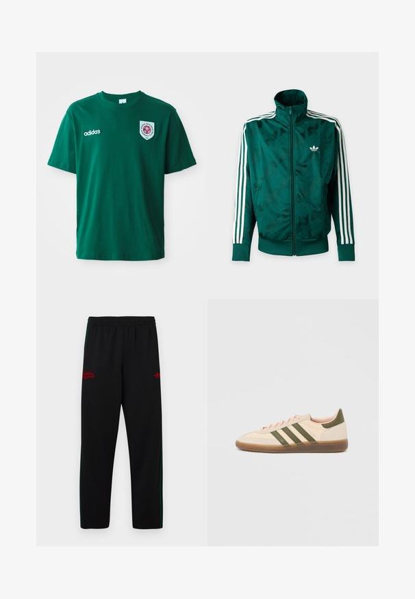 Zelená bunda Adidas so zapínaním na celý zips, bielymi pásikmi na rukávoch, rebrovanými manžetami a lemom a logom Adidas na ľavej strane hrudníka.; Zelené bavlnené tričko s okrúhlym výstrihom, krátkymi rukávmi, logom Adidas na ľavej strane a kruhovou nášivkou s červeným dizajnom na pravej strane.; Čierne športové nohavice s elastickým pásom, zelenými pruhmi na bokoch a červeným vyšívaným logom na oboch stranách. Jemný, ľahký materiál.; Nízky béžový tenisky Adidas Spezial so zelenými pruhmi, gumovou podrážkou a nápisom „SPEZIAL“ na boku, zobrazené z vonkajšej strany.