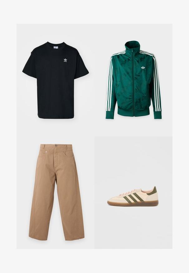 Rohelise täislukuga Adidas jakk, millel on valged triibud varrukatel, soonikkoes mansetid ja ääred ning Adidas logo vasakul rinnal.; Must musta T-särk lühikeste varrukatega ja ümmarguse kaelusega, mille vasakul rinnal on väike valge Adidas logo.; Beežid laiade säärtega püksid, ees nööbi ja tõmblukuga, kahe esitaskuga ja nähtavate õmblustega valgel taustal.; Madalprofiilne beež Adidas Spezial toss rohelist värvi triipude, kummist tallaga ja "SPEZIAL" brändinguga küljel, nähtav välisküljelt.