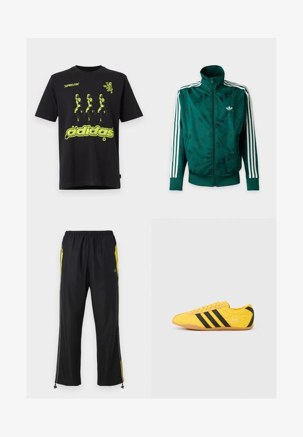 Πράσινο μπουφάν Adidas με ολόκληρο φερμουάρ και λευκές ρίγες στα μανίκια, ριμπ ζώνες στις μανσέτες και στο τελείωμα, και λογότυπο Adidas στο αριστερό στήθος.; Μαύρο βαμβακερό μπλουζάκι με φωτεινό πράσινο σχέδιο που απεικονίζει τρεις φιγούρες και το κείμενο "adidas" στο κάτω μέρος. Στυλ με στρογγυλή λαιμόκοψη.; Μαύρο αθλητικό παντελόνι με κίτρινες πλευρικές λεπτομέρειες, ελαστική μέση και τσέπες με φερμουάρ στο πλάι. Κατασκευασμένο από ελαφρύ, μαλακό ύφασμα.; Κίτρινο αθλητικό παπούτσι με υφή στο επάνω μέρος, με μαύρες ρίγες και λογότυπο. Στρογγυλεμένη μύτη, μαλακή σόλα και ζιγκ-ζαγκ σχέδιο στο υλικό.