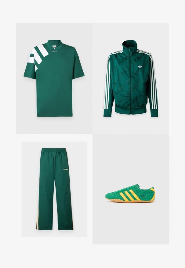 Πράσινο μπουφάν Adidas με ολόκληρο φερμουάρ και λευκές ρίγες στα μανίκια, ριμπ ζώνες στις μανσέτες και στο τελείωμα, και λογότυπο Adidas στο αριστερό στήθος.; Πράσινο κοντομάνικο πουκάμισο Adidas με γιακά τύπου ντεκολτέ και τρεις λευκές ρίγες σε γωνία στον αριστερό ώμο και το μανίκι.; Πράσινο αθλητικό παντελόνι Adidas με μπεζ πλαϊνές ρίγες, ελαστική μέση και λευκό λογότυπο Adidas στο πάνω αριστερό πόδι.; Πράσινα υφασμάτινα αθλητικά παπούτσια με κίτρινες λεπτομέρειες και τρεις ρίγες, με ζιγκ ζαγκ μοτίβο και σόλα από καουτσούκ χρώματος τσίχλας.
