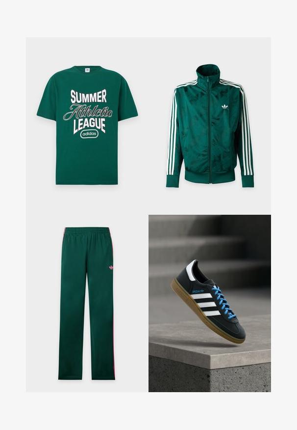 Πράσινο μπουφάν Adidas με ολόκληρο φερμουάρ και λευκές ρίγες στα μανίκια, ριμπ ζώνες στις μανσέτες και στο τελείωμα, και λογότυπο Adidas στο αριστερό στήθος.; Πράσινο βαμβακερό t-shirt με το λευκό έντονο κείμενο "SUMMER ATHLETIC LEAGUE" και το λογότυπο Adidas, με κοντά μανίκια και κλασικό στρογγυλό λαιμόκοψη.; Πράσινο παντελόνι φόρμας με ροζ πλαϊνές ρίγες, ελαστική μέση, τσέπες και μικρό ροζ λογότυπο Adidas στο αριστερό μηρό.; Μαύρο αθλητικό παπούτσι Adidas με λευκές ρίγες, μπλε κορδόνια και καουτσούκ σόλα να αιωρείται πάνω από γκρίζο τσιμεντένιο σκαλοπάτι σε απαλό φως.