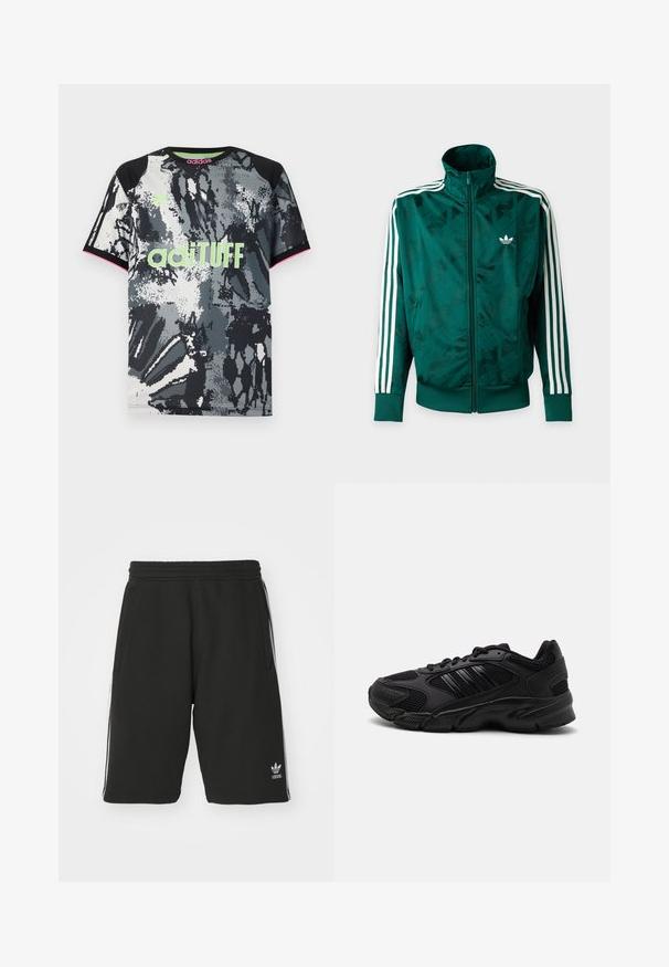Chaqueta Adidas verde con cremallera completa, rayas blancas en las mangas, puños y bajo acanalados, y logo de Adidas en el pecho izquierdo.; Camiseta deportiva de manga corta y cuello redondo con un estampado abstracto en negro, blanco y gris; presenta un logo "adiTUFF" en verde neón y acentos en rosa.; Pantalones cortos negros hechos de una mezcla de algodón con una cinturilla elástica, que presentan rayas blancas en los laterales y un pequeño logotipo en la parte inferior izquierda.; Zapatillas deportivas negras que combinan malla transpirable y materiales sintéticos. Suela texturizada distintiva y tres franjas negras en el costado.