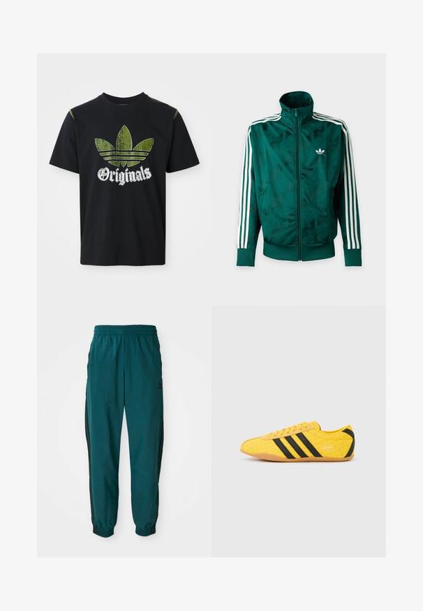 Zelená bunda Adidas so zapínaním na celý zips, bielymi pásikmi na rukávoch, rebrovanými manžetami a lemom a logom Adidas na ľavej strane hrudníka.; Čierne bavlnené tričko s roztrhnutým zeleným grafickým dizajnom so tromi pruhmi a slovom "Originals" pod ním v bielej farbe, okrúhly výstrih, krátke rukávy.; Tyrkysové športové nohavice s viazaním v páse, elastickými manžetami a bočnými čiernymi pruhmi. Vyrobené z ľahkej tkaniny, s logom blízko bedra.; Žltá športová obuv s textúrovaným zvrškom, s čiernymi pruhmi a logom. Zaoblená špička, mäkká podrážka a vzor v tvare cik-cak na materiáli.