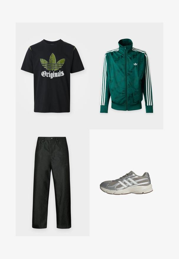Grüne Adidas-Jacke mit durchgehendem Reißverschluss, weißen Streifen an den Ärmeln, gerippten Bündchen und Saum sowie Adidas-Logo auf der linken Brust.; Schwarzes Baumwoll-T-Shirt mit einem abgenutzten grünen Grafikdesign, das drei Streifen zeigt, sowie dem Wort "Originals" darunter in Weiß. Rundhalsausschnitt, kurze Ärmel.; Schwarze Hose mit leichtem Glanz, gerade geschnitten, mit zwei Vordertaschen und einem dezenten Logo auf der oberen linken Seite.; Silberne Mesh-Laufschuhe mit synthetischen Akzenten, ausgestattet mit drei weißen Streifen, gepolstertem Kragen und strukturiertem Außensohle für optimalen Halt.