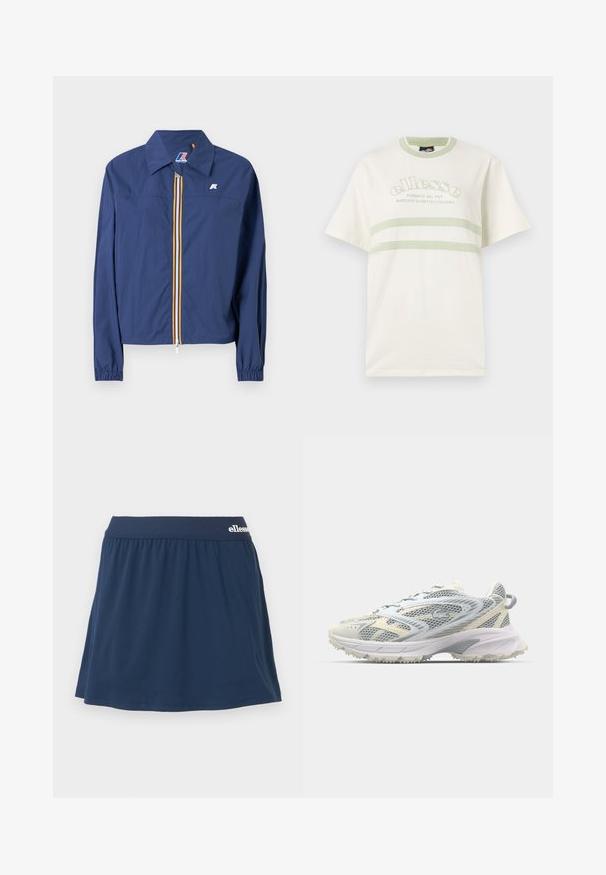 Marineblaue Jacke mit spitzem Kragen, Frontreißverschluss mit mehrfarbigem Streifen, elastischen Bündchen und einem Logo auf der Brust.; Cremfarbendes Baumwoll-T-Shirt mit rundem Ausschnitt, kurzen Ärmeln und grünen Akzentstreifen. Mit gesticktem Logo auf der Vorderseite.; Marineblaue, weiche Stoff-Skort mit elastischem Bund. Verfügt über ein gerafftes Design und ein kleines Logo am Bund.; Mesh-Sportschuh in Grau und Creme, mit strukturiertem Obermaterial, verstärkter Spitze und einer hellen, robusten Laufsohle für besseren Halt.