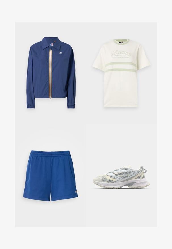 Marineblauwe jas met een puntige kraag, vooraan met ritssluiting en een veelkleurige streep, elastische manchetten en een logo op de borst.; Crème kleurige katoenen t-shirt met een ronde hals, korte mouwen en groene accentstrepen. Heeft een geborduurd logo op de voorkant.; Blauwe sportshorts gemaakt van lichtgewicht stof met een elastische tailleband, voorzien van zijzakken en een klein logo nabij de zoom.; Athletische schoen van mesh in grijs en crème, met een gestructureerd bovenwerk, versterkte neus en een lichtgekleurde, robuuste buitenzool voor grip.