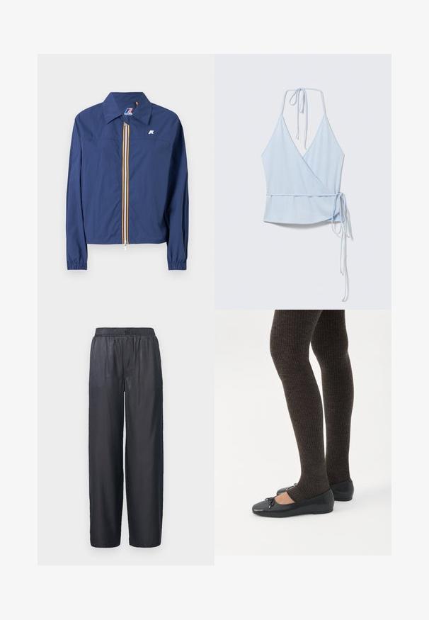 Veste bleu marine avec un col pointu, fermeture éclair à l'avant avec une rayure multicolore, poignets élastiqués et un logo sur la poitrine.; Haut cache-cœur sans manches bleu clair avec un lien à nouer autour du cou et un lien à la taille sur le côté, posé à plat sur fond blanc.; Pantalons larges noirs fabriqués à partir d'un tissu lisse et brillant. Équipés d'une taille élastique et sans poches visibles. Design simple, longueur complète.; Jambes portant des leggings côtelés foncés associés à des ballerines noires avec de petits détails en nœud sur fond blanc.