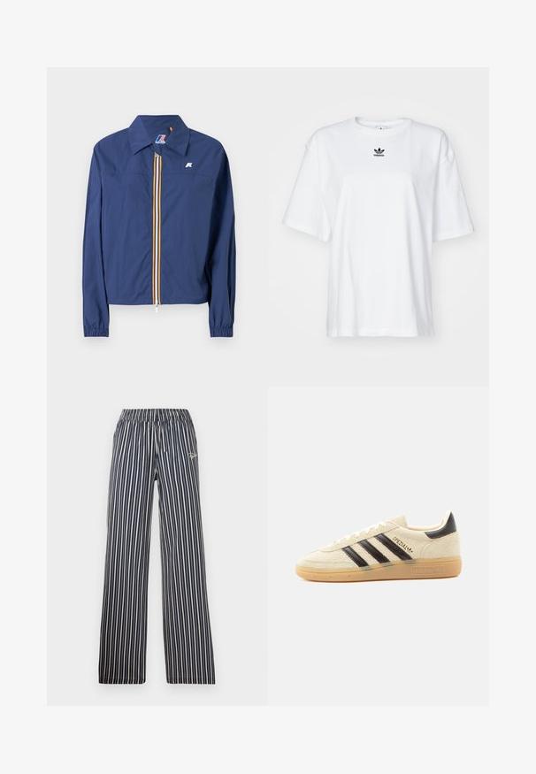 Chaqueta azul marino con cuello puntiagudo, cierre frontal con cremallera que presenta una franja multicolor, puños elásticos y un logo en el pecho.; Camiseta blanca de manga corta hecha de algodón. Cuenta con un cuello redondo y un pequeño logo negro de Adidas en el pecho. Dobladillo recto.; Pantalones a rayas en navy y blanco con cinturilla elástica, piernas amplias y detalle de logo bordado en la cadera izquierda delantera.; Zapatilla de ante color crema con rayas negras, suela de goma, lengüeta negra en el talón y texto dorado "SPEZIAL" en el lateral.