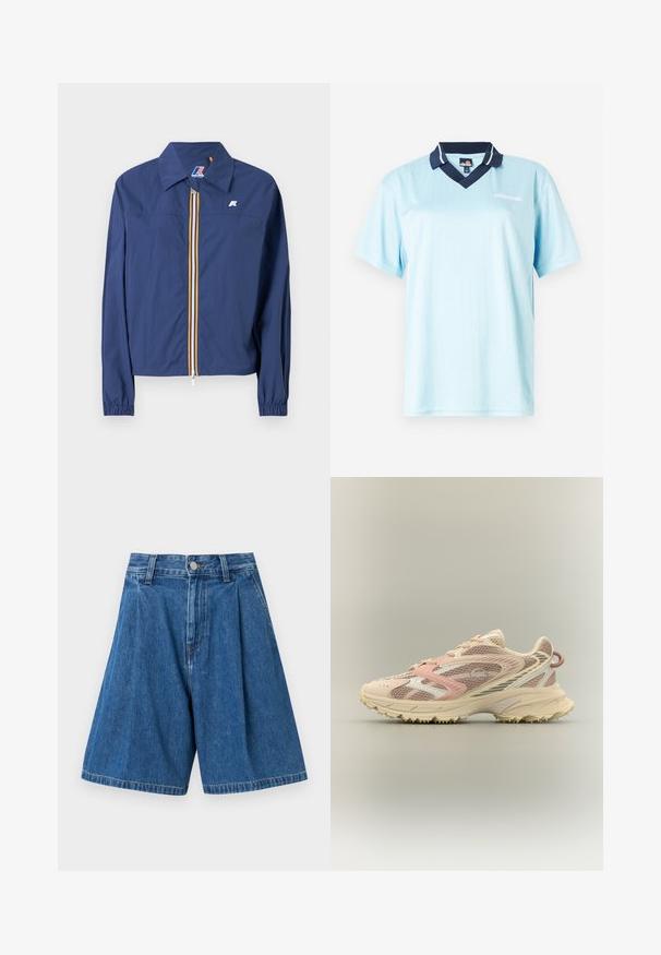 Mørkeblå jakke med spidse kraver, frontlynlås med en flerfarvet stribe, elastiske ærmer og et logo på brystet.; Lyseblå kortærmet polo shirt med marineblå krave. Lodrette striber og logoaksecent på fronten. Glat, letvægtsstof.; Blå denim bermudashorts med plisseret front, der har en standard talje og en knaplukning. Glat tekstur og lige ben.; Løbesko med pink, beige og cremet mesh samt syntetiske overlays, kraftig sål og tekstureret ydersål for greb, set fra siden.