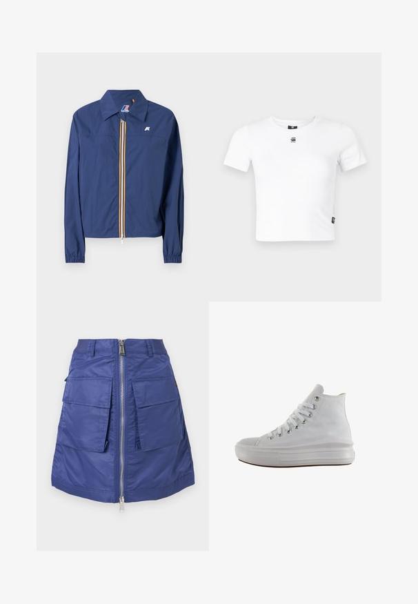 Veste bleu marine avec un col pointu, fermeture éclair à l'avant avec une rayure multicolore, poignets élastiqués et un logo sur la poitrine.; T-shirt blanc à manches courtes en coton doux, doté d'un col rond et d'un petit logo noir sur la poitrine. Détail d'étiquette sur le côté inclus.; Jupe bleu marine en nylon avec fermeture éclair à l'avant. Elle possède deux grandes poches plaquées et une silhouette structurée. Texture lisse.; Baskets montantes en toile blanche avec lacets blancs, œillets métalliques, semelle épaisse en caoutchouc et bout texturé, orientées vers la gauche sur fond blanc.