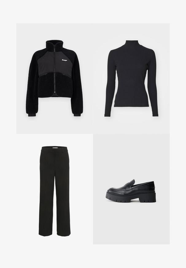 Schwarze Zip-Jacke mit Fleece- und glatten Stoffpaneelen, hohem Kragen und gerippten Bündchen. Mit Logo auf der Brust und vorderen Reißverschlusstaschen.; Schwarzes, geripptes Rollkragenoberteil mit langen Ärmeln. Aus dehnbarem Stoff mit figurbetonter Passform und hohem Kragen. Einfaches Design ohne Verzierungen.; Schwarze gestreifte weite Hosen mit flachem Bund und Gürtelschlaufen, aus gewebtem Stoff hergestellt, mit vertikalen Streifen in einer kontrastreichen Farbe.; Schwarzer klobiger Plateau-Schlüpfschuh mit glattem Lederoberteil, dekorativem Riemen und dicker strukturierter Sohle auf weißem Hintergrund.