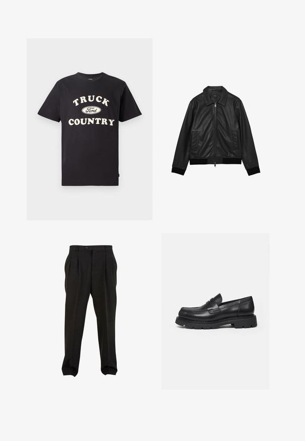 Schwarze Lederjacke mit Frontreißverschluss, zwei Seitentaschen, spitzem Kragen sowie gerippten Bündchen und Saum.; Schwarzes Baumwoll-T-Shirt mit kurzen Ärmeln, das "TRUCK COUNTRY" in cremigem Text und einem Ford-Logo-Design auf der Vorderseite zeigt.; Schwarze hoch taillierte, plissierte Hosen mit Gürtelschlaufen, Knopfverschluss und zulaufenden Beinen, auf weißem Hintergrund dargestellt.; Schwarzer Lederloafer mit dicker, profilierter Sohle und Pennyriemen-Detail, von der rechten Seitenansicht auf weißem Hintergrund gezeigt.