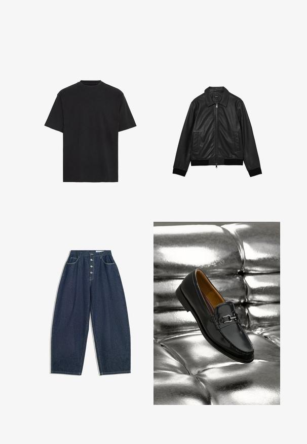 Sort læderjakke med lynlås foran, to sidelommer, spids krave samt ribstrikkede manchetter og kant.; Sort bomulds T-shirt, korte ærmer, rund hals, letvægts, løs pasform, glat tekstur, ingen synlige mønstre eller accenter.; Mørkeblå denim bukser med brede ben og høj talje, fem knaplukninger og fem lommer. Har stikninger som accent på sømmene.; Sort læderloafer med sølvfarvet metalspænde, der hviler på en skinnende sølvfarvet polstret læderoverflade.