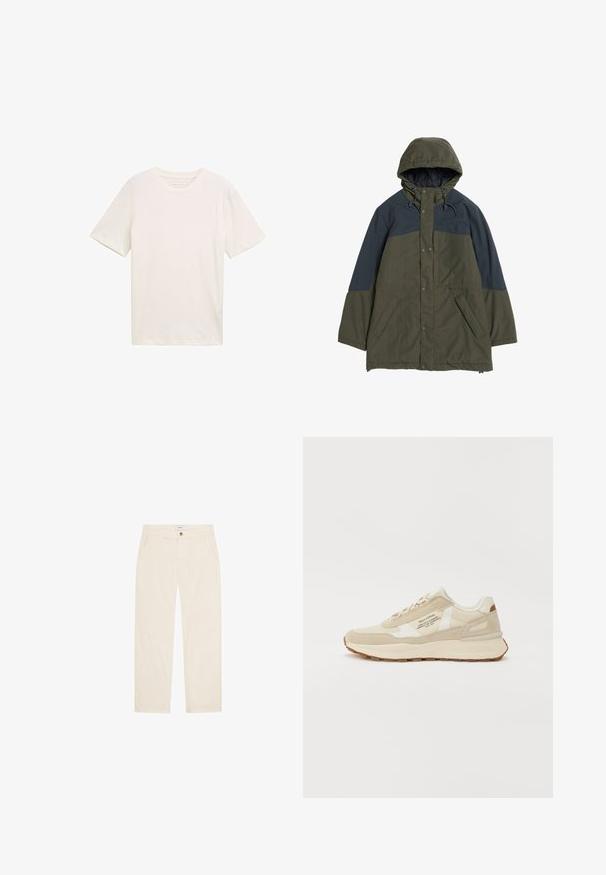Olivengrøn og mørkegrå hættefrakke i vinterstilen med frontknapper, justerbar hætte og skrå sidelommer, liggende fladt.; Kortærmet T-shirt med rund hals i off-white bomuld. Har en afslappet pasform med glat tekstur og ingen bemærkelsesværdige mønstre eller accenter.; Beige bomuldsbukser med et lige ben design. Har to forlommer og en enkel knaplukning i taljen. Glat tekstur.; Beige sneaker med ruskind og mesh-materialer, polstret krave, flade snørebånd og gummisål. Har et hvidt logo på siden.