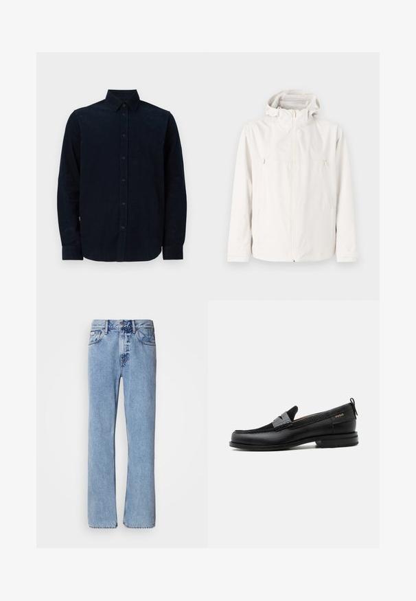 Veste blanche légère avec capuche, fermeture éclair sur le devant et deux poches latérales. Texture lisse et design minimaliste.; Chemise à manches longues bleu marine en tissu texturé, avec un devant boutonné, un col pointu et des poignets boutonnés.; Jean en denim bleu clair avec une coupe droite, cinq poches et une fermeture à bouton. Détails de couture près des poches et de la taille.; Mocassin en cuir noir avec détail de bride grise, talon bas et semelle texturée, marqué "HUGO" en or sur le côté.