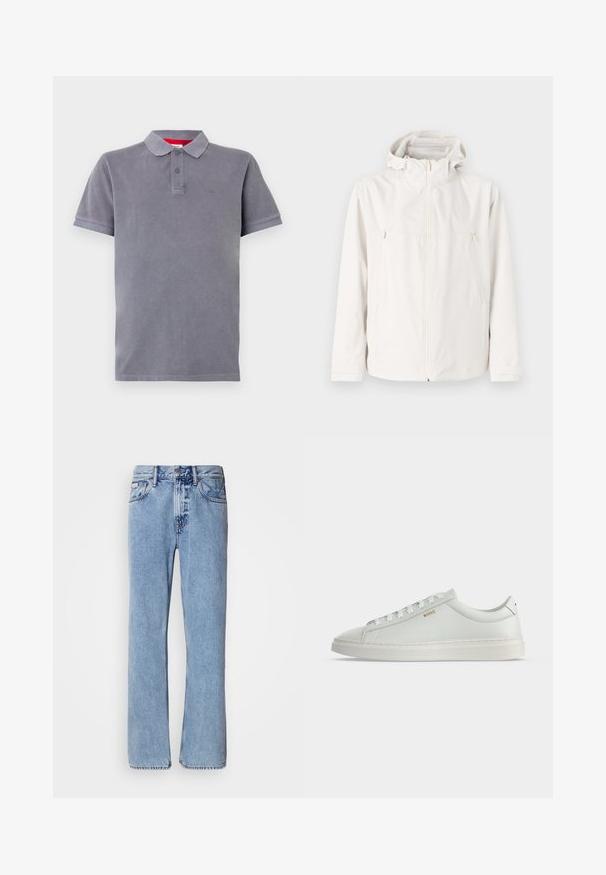Veste blanche légère avec capuche, fermeture éclair sur le devant et deux poches latérales. Texture lisse et design minimaliste.; Polo gris avec une texture douce, patte de boutonnage à trois boutons, manches courtes et un logo discret sur la poitrine. Accentué par un col intérieur rouge.; Jean en denim bleu clair avec une coupe droite, cinq poches et une fermeture à bouton. Détails de couture près des poches et de la taille.; Baskets basses blanches en cuir avec lacets, semelle plate et petit logo doré "BOSS" sur le côté, vues de l'extérieur.