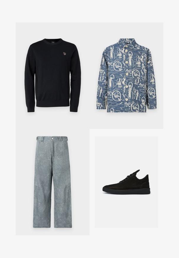 Sinine teksariidest nööbiga särk, millel on kreemikas abstraktne muster. Omab krae ja nelja esinööpi. Pikkade varrukatega, lahtise lõikega.; PS Paul Smith CREW NECK - Džemper - black; Heledad hallhalli denimist laiad püksid, millel on tekstureeritud viimistlus, nupuga sulgur, vöökohad ja veidi kulunud välimus.; Mustad seemisneakerid, millel on madal profiil, ümar varvas ja tekstuuriga kummist tald. Omab viit aukku ja tagumist haaratsit.