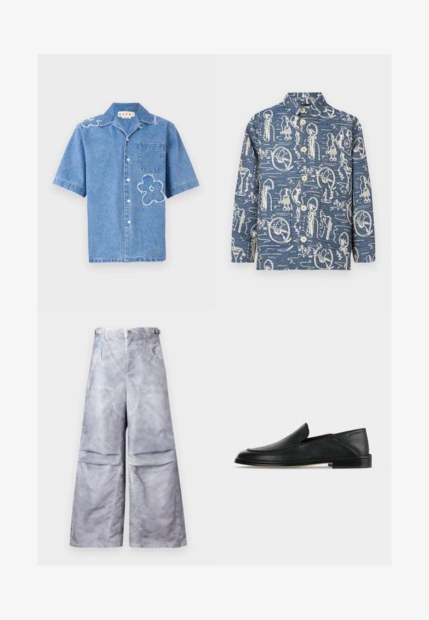 Sinine teksariidest nööbiga särk, millel on kreemikas abstraktne muster. Omab krae ja nelja esinööpi. Pikkade varrukatega, lahtise lõikega.; Helevarvarine teksashirt helesinine, millel on kaks fraktsiooni lillemotifi, rindade tasku ja valge nupu sulgemine ees.; Helehallid laia säärega püksid eestaskute, vööaasa ja reguleeritavate küljetiibadega, eksponeeritud neutraalsel taustal.; Mustast nahast libisev loafers madala kandaga ja ümaraga, esitletud lihtsal valgel taustal.