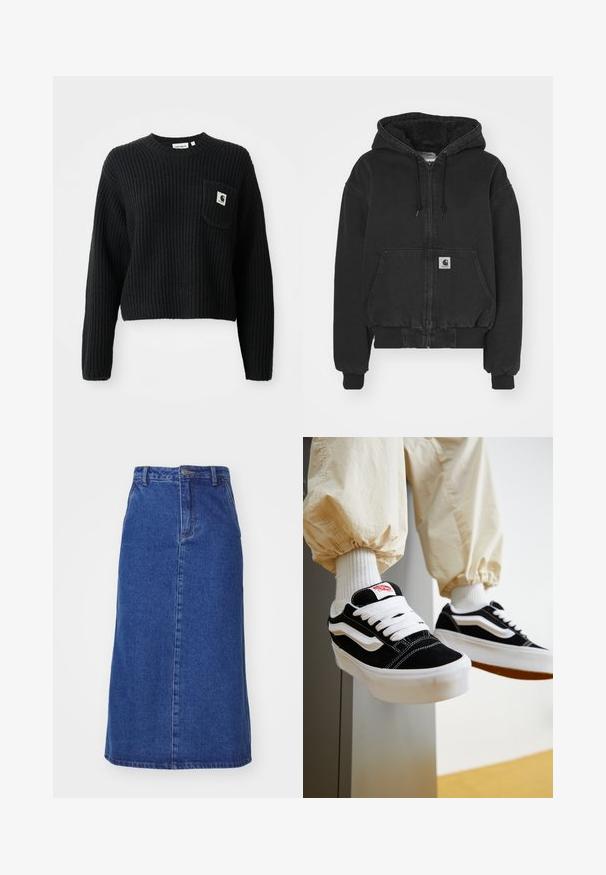 Carhartt WIP ACTIVE - Veste en jean - black stone washed; Pull en maille côtelée noir avec un col rond, des manches longues et une poche avant arborant un petit patch logo. Longueur cropped.; Jupe en denim bleu foncé, dotée d'une taille ajustée, d'une silhouette droite et de coutures avant, avec un ourlet qui tombe sous le genou.; Personne portant des baskets Vans noires et blanches avec des lacets blancs, des chaussettes blanches et un pantalon beige avec des poignets élastiques.