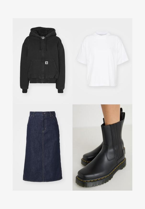Carhartt WIP ACTIVE - Denimová bunda - black stone washed; Biela bavlnená tričko s okrúhlym výstrihom, krátkymi rukávmi a voľným strihom. Obsahuje jemné logo na ľavej strane hrude. Hladká textúra.; Tmavé džínsové sukne s vysokým pásom, rovný strih, predné vrecká a prešitými švami. Obsahuje zips a gombík na uzatvorenie v páse.; Čierne členkové čižmy s hladkým, matným povrchom. Obsahujú vertikálne švy, masívnu podrážku s žltým prešívaním a pútko na zadnej strane.