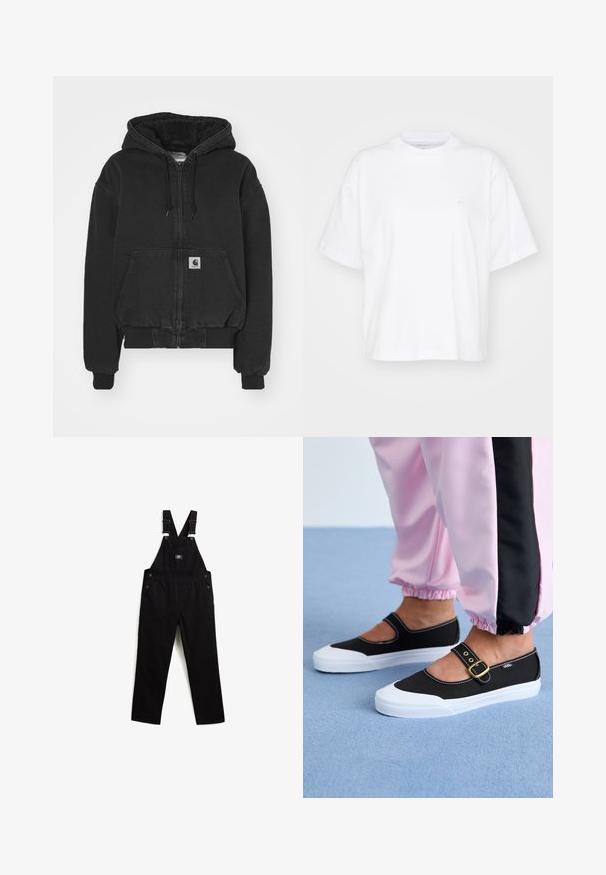 Carhartt WIP ACTIVE JACKET - Bomberjakke - black stone washed; Hvid bomulds t-shirt med rund hals, korte ærmer og en afslappet pasform. Har et diskret logo på venstre brystområde. Glat tekstur.; Sorte denim overalls med justerbare stropper, metalhardware, forlommer og sidelommer. Glat tekstur og lige ben-design.; Sorte lærredssko med en hvid sål, der har et udskæringsdesign og et guldspænde. Bæret med lyserøde træningsbukser.