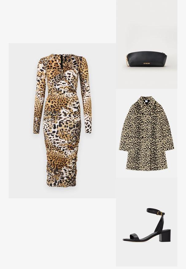 Dobbeltbrystet leopardmønstret frakke i beige og sort, med krave, seks knapper og en afslappet pasform. Blød tekstur.; Langærmet kjole i leopardmønstret design med rynkedetaljer og rund udskæring. Fremstillet af et strækbart stof og med en lynlås i ryggen.; Sort åben tå-sandal med blokhæl og ankelrem med lille guldbøjle, set fra siden mod en ensfarvet baggrund.; Sort Moschino pung med guldkæde og guldlogo foran, sat mod en ensfarvet lys baggrund.