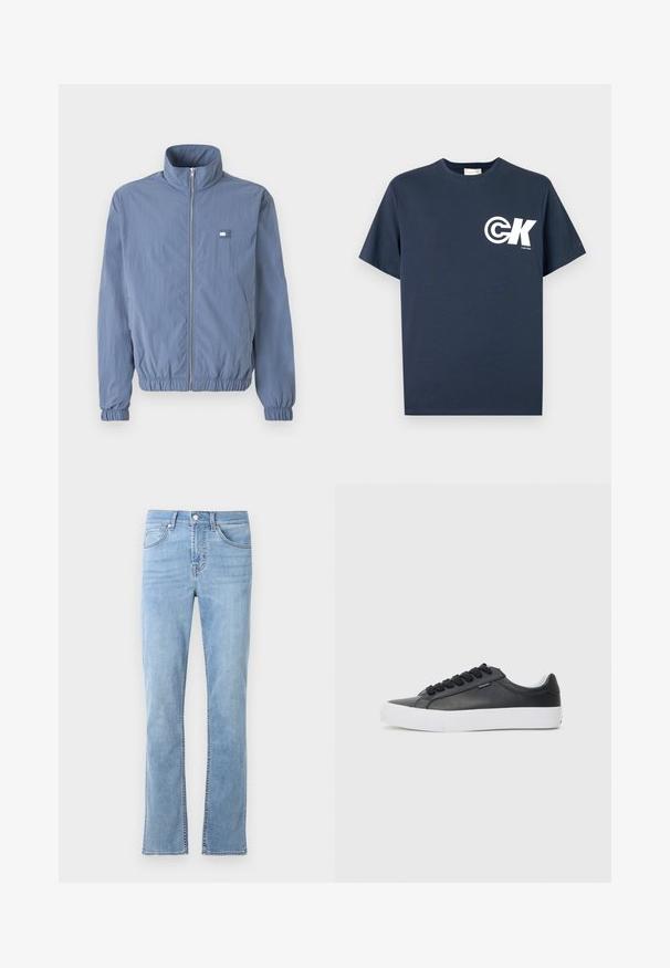 Lyseblå, lynlåset jakke med høj krave, elastiske manchetter og talje. Har et lille logo patch på venstre bryst.; Marineblå T-shirt med korte ærmer og rund hals, med hvid CK-logo og "Calvin Klein"-tekst på venstre bryst.; Lysblå, lige ben jeans lavet af bomuldsdenim. Har fem lommer, lukning med knap foran og subtile syninger.; Sort lædersneaker med hvid gummisål, rund tå og sorte snørebånd, med en glat tekstur og minimalistisk design.