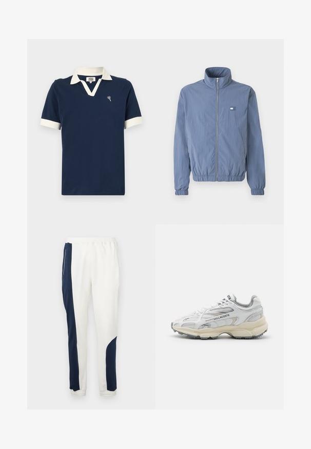 Hellblaue, mit Reißverschluss versehenen Jacke mit hohem Kragen, elastischen Bündchen und Taillenbund. Verfügt über ein kleines Logopatch auf der linken Brust.; Marineblaues Poloshirt aus Baumwolle mit einem kontrastierenden weißen Kragen und Ärmelbündchen sowie einem kleinen gestickten Design auf der Brust.; Weiße Jogginghosen mit marineblauen Seiteneinsätzen und elastischen Bündchen, aus weichem Stoff mit glatter Textur und einem Kordelzugbund.; Weiße Sportschuhe mit grauen Akzenten, Obermaterial aus Mesh und Synthetik, Schnürdesign und rutschfester Gummisohle mit Strukturmustern.