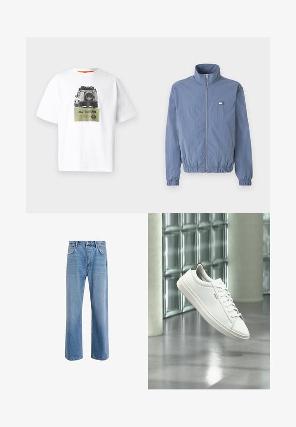 Hellblaue, mit Reißverschluss versehenen Jacke mit hohem Kragen, elastischen Bündchen und Taillenbund. Verfügt über ein kleines Logopatch auf der linken Brust.; Weißes Baumwoll-T-Shirt mit einem Grafikdesign eines Fahrzeugs und dem Text "ALL-TERRAIN" in Grün, mit einem Schwarz-Weiß-Design. Orangefarbener Innenkragen.; Helle blaue Jeans im Geradeschnitt-Design, mit fünf Taschen, Knopfverschluss, minimaler Ausbleichung und kontrastierenden Nähdetails.; Weißer Leder-Low-Top-Sneaker mit Schnürsenkeln, schwarzer Fersenschlaufe und „BOSS“-Logo, der drinnen nahe einer Glassteinwand und einem polierten Boden schwebt.